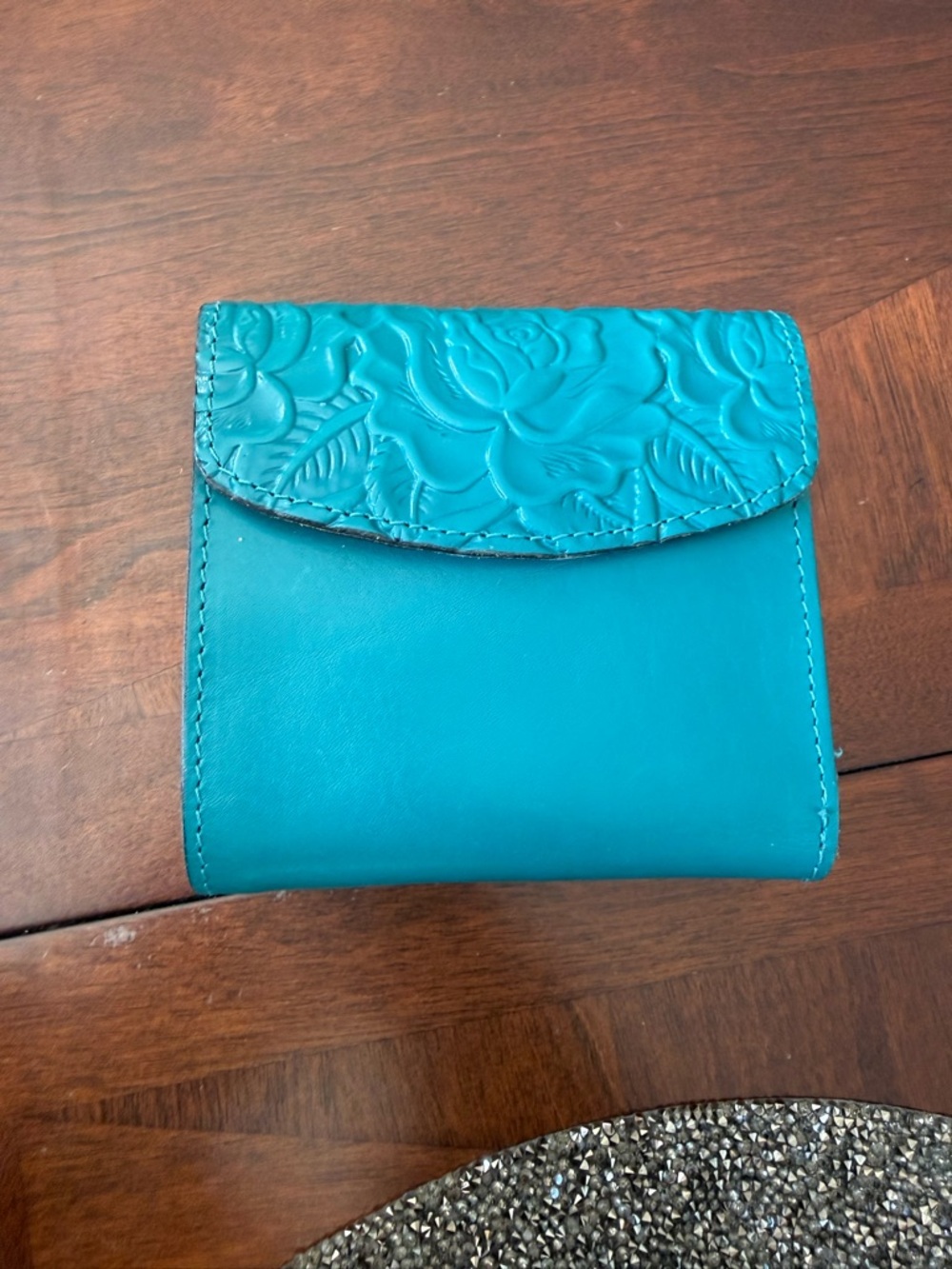 **sold on depop** Patricia Nash Teal Embossed Floral Compact Wallet